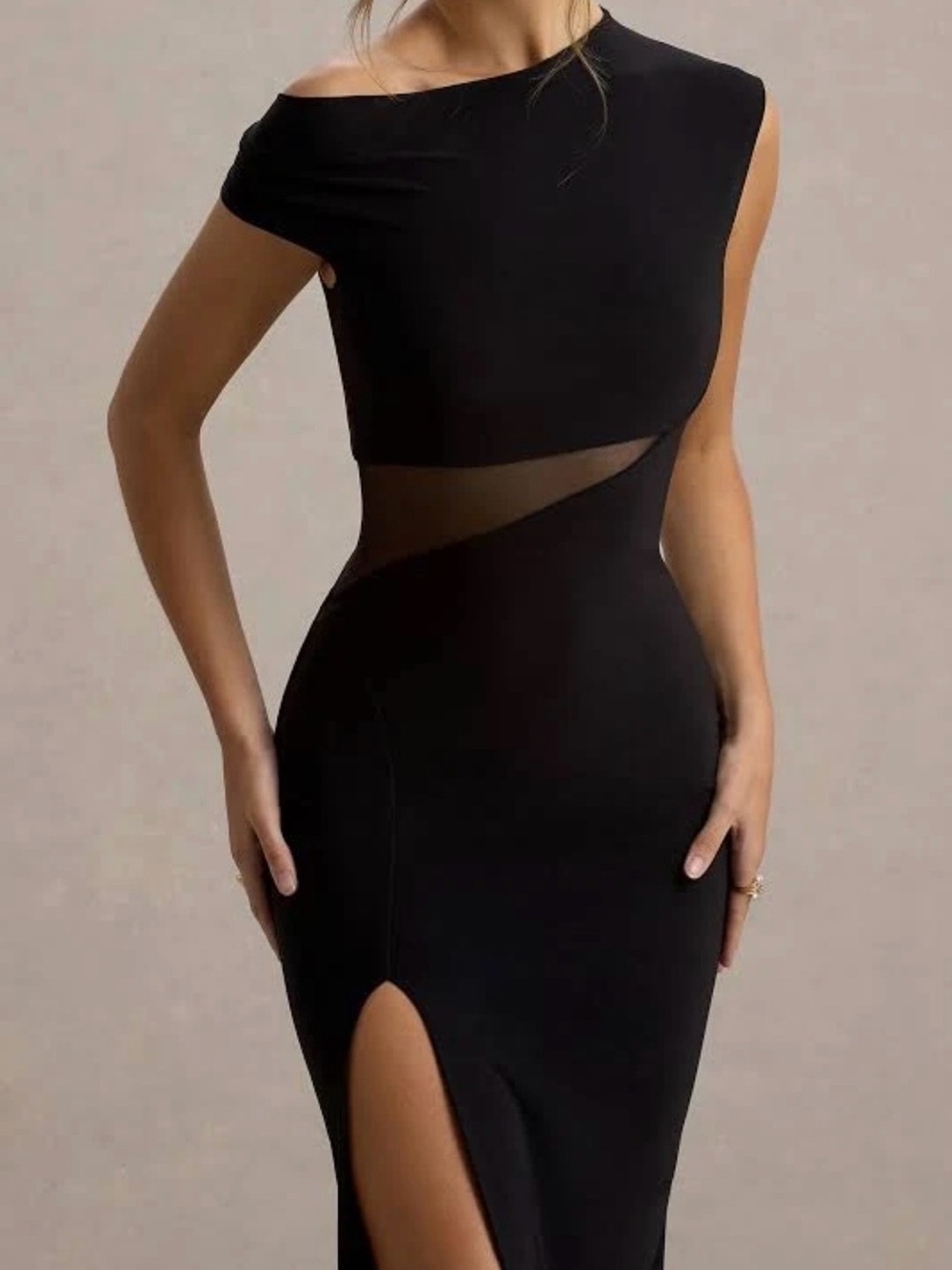 Club L London Emily Black Asymmetric Mesh Maxi Gown Dress Size 10 NWT - Picture 2 of 15